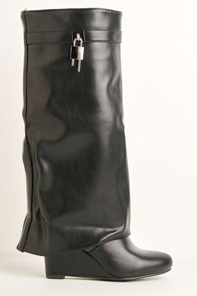Derya Round Toe Wedge Boots With Silver Detail in Black - Image 6