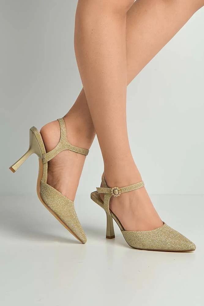 Desse Pointed Toe Shimmer Anklestrap Court Shoes in Gold Shimmer - Image 2