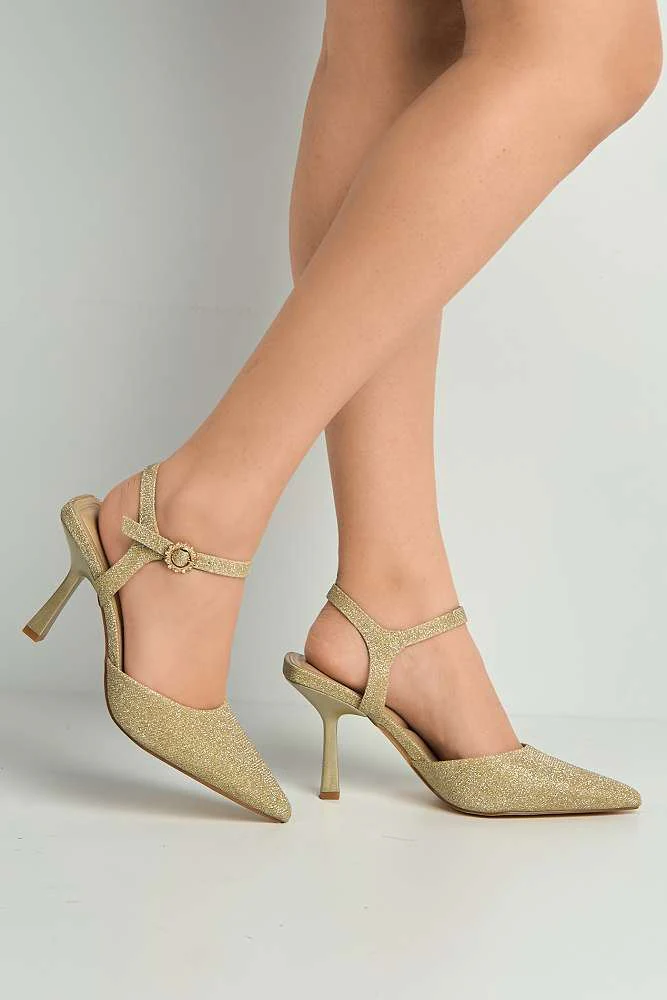 Desse Pointed Toe Shimmer Anklestrap Court Shoes in Gold Shimmer - Image 3