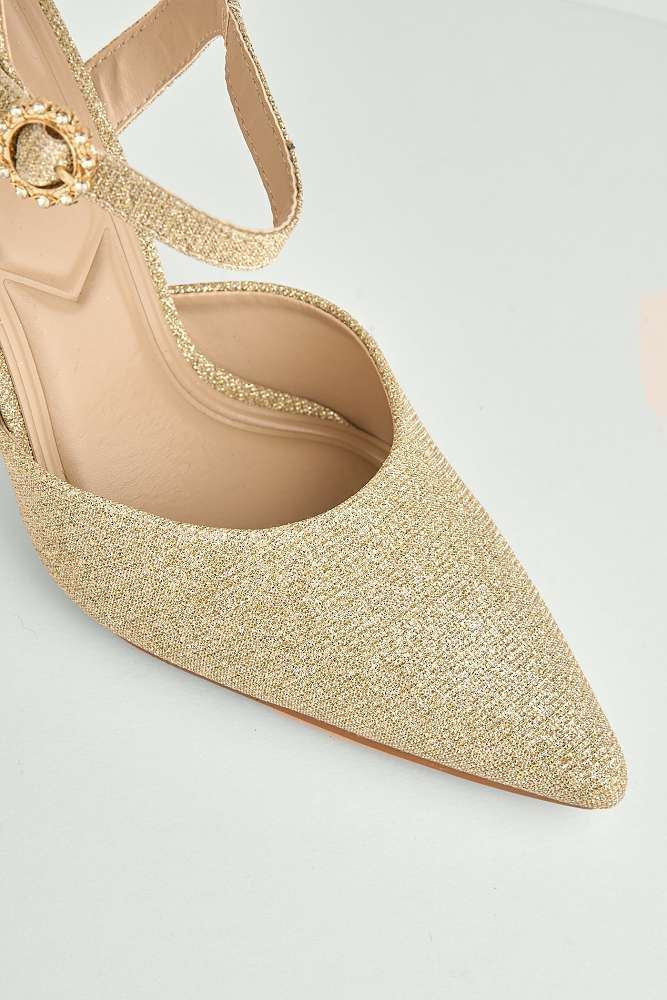 Desse Pointed Toe Shimmer Anklestrap Court Shoes in Gold Shimmer - Image 5