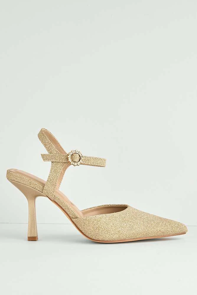 Desse Pointed Toe Shimmer Anklestrap Court Shoes in Gold Shimmer - Image 6