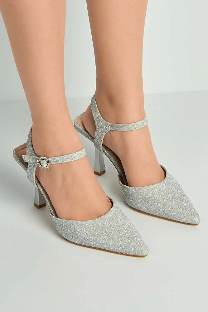 Desse Pointed Toe Shimmer Anklestrap Court Shoes in Silver Shimmer - Image 2