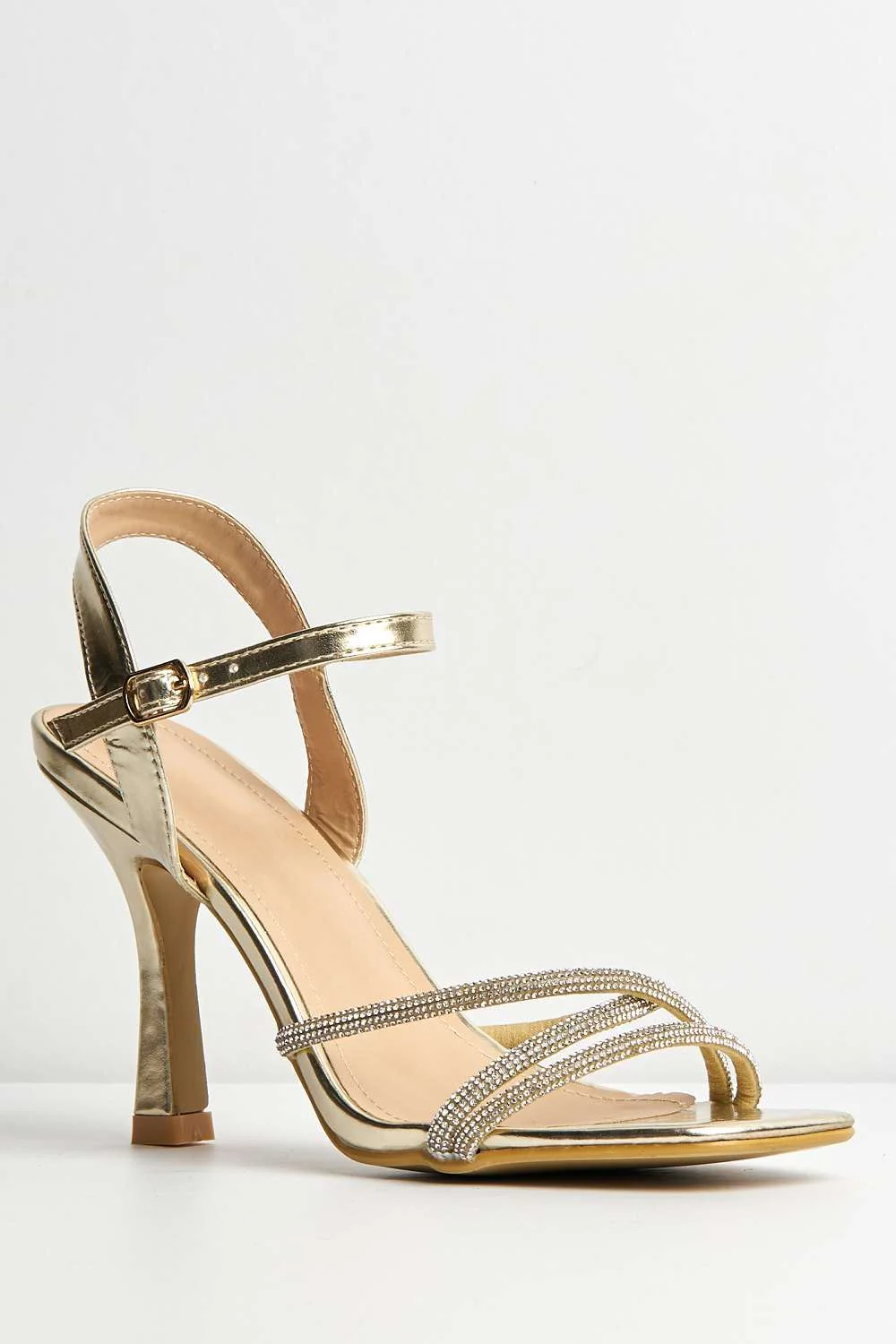 Donnie Diamante Embellished Ankle Strap Heeled Sandals in Gold - Image 4