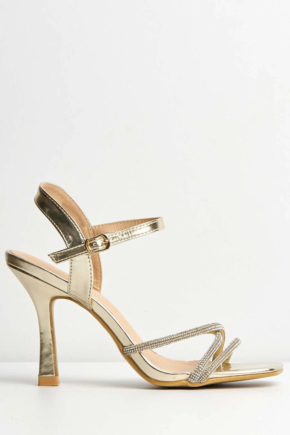 Donnie Diamante Embellished Ankle Strap Heeled Sandals in Gold - Image 5