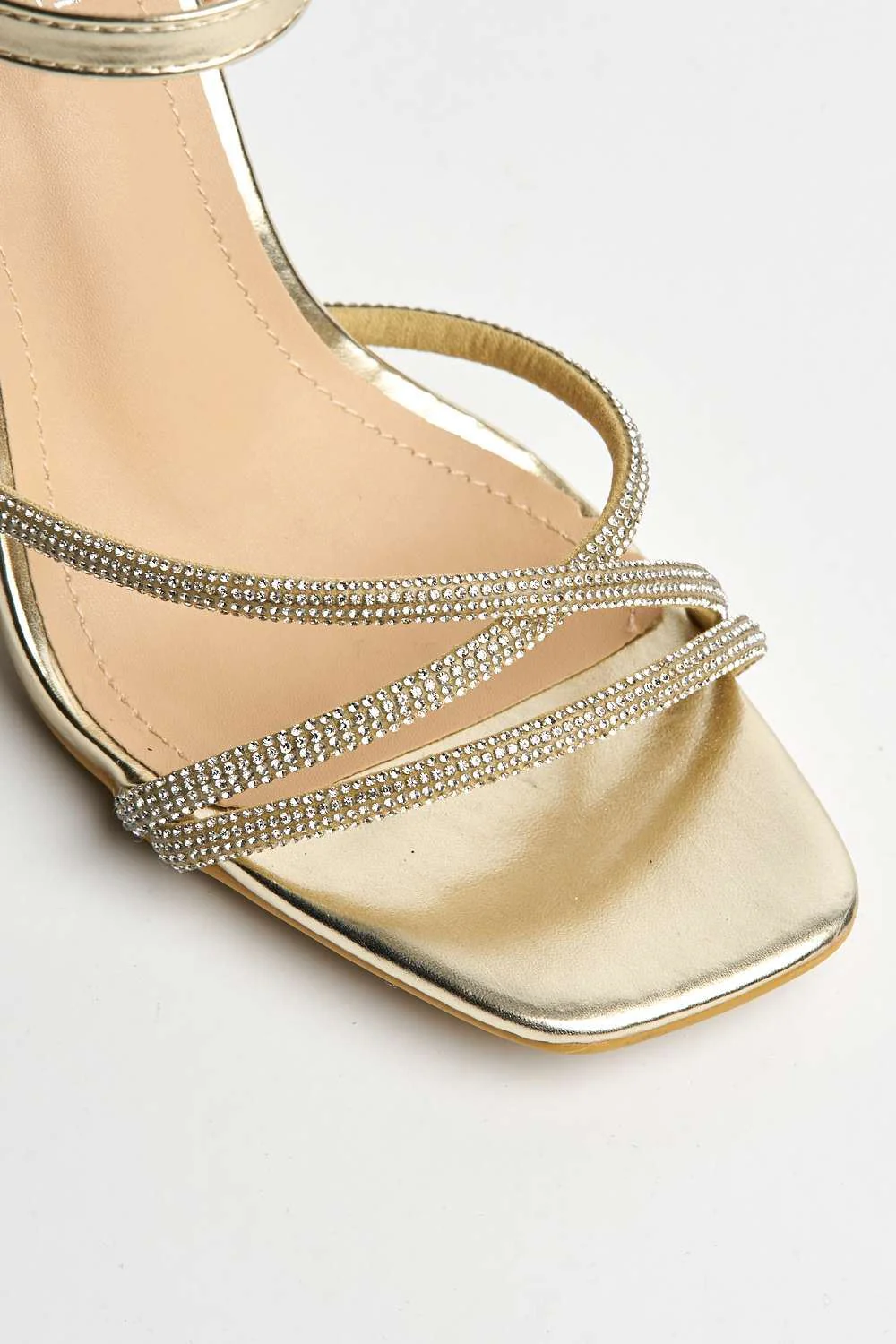 Donnie Diamante Embellished Ankle Strap Heeled Sandals in Gold - Image 6