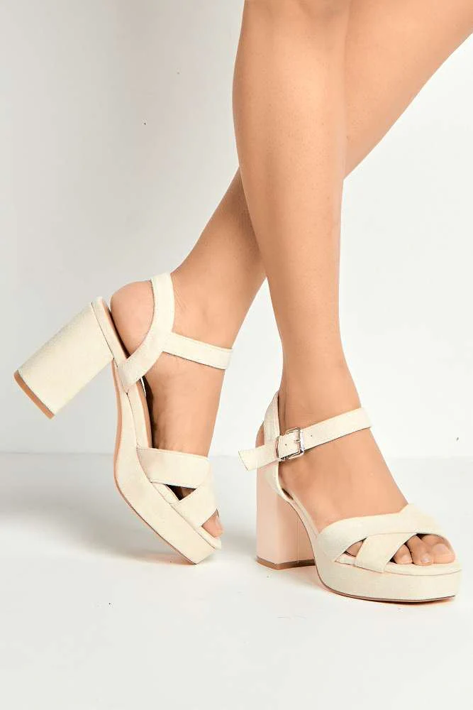 Dove Criss Cross Block Heel Ankle Strap Sandals in Cream - Image 2