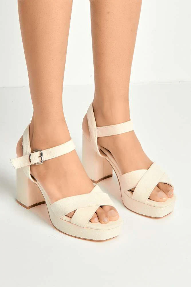 Dove Criss Cross Block Heel Ankle Strap Sandals in Cream - Image 3