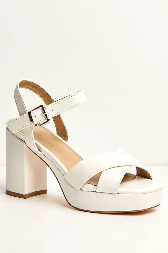Dove Criss Cross Block Heel Ankle Strap Sandals in White - Image 5