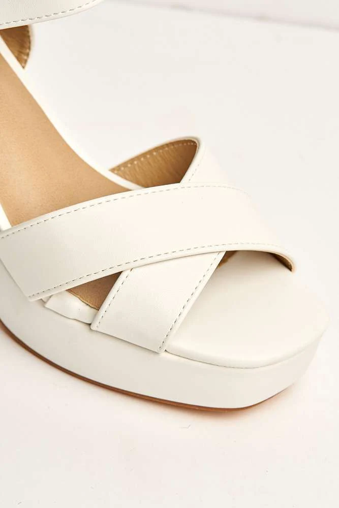 Dove Criss Cross Block Heel Ankle Strap Sandals in White - Image 6