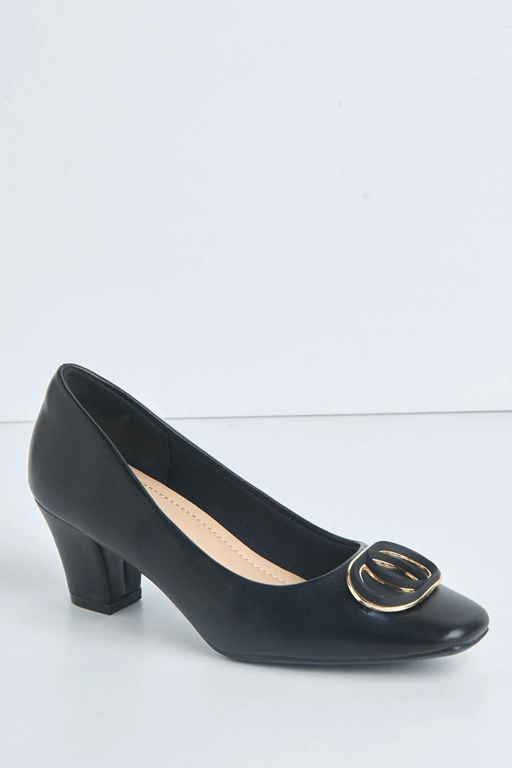 Eddy Brooch Detail Block Heel Court Shoes in Black - Image 4
