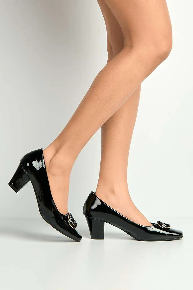 Eddy Brooch Detail Block Heel Court Shoes in Black Patent - Image 3
