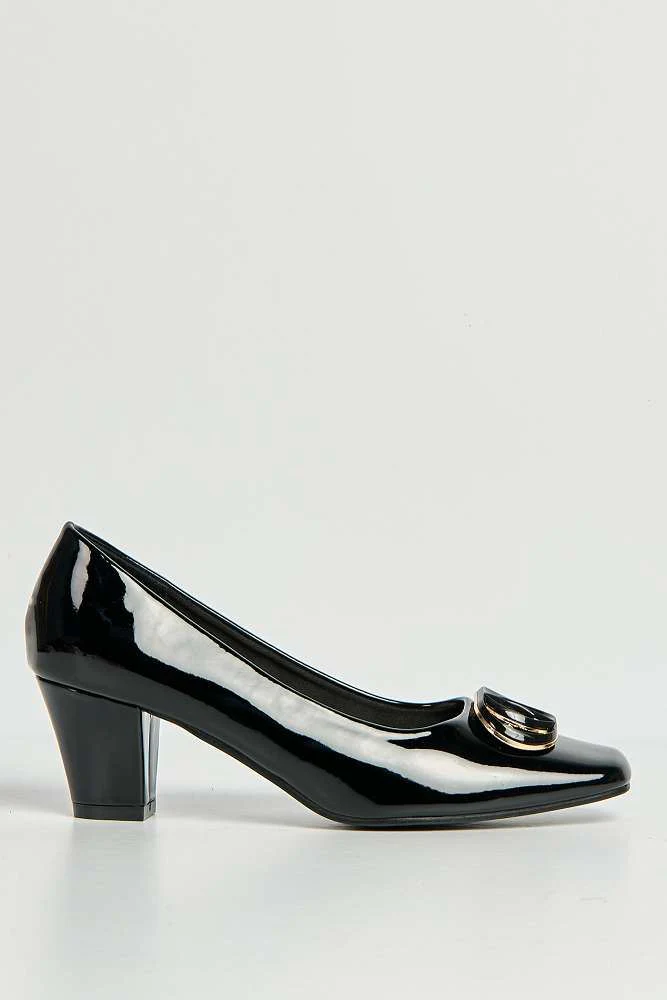 Eddy Brooch Detail Block Heel Court Shoes in Black Patent - Image 6