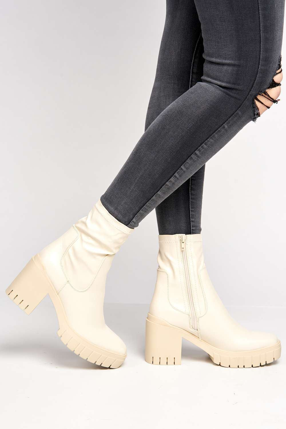 Edna Faux Leather Chunky Block Heel Ankle Boots in Beige