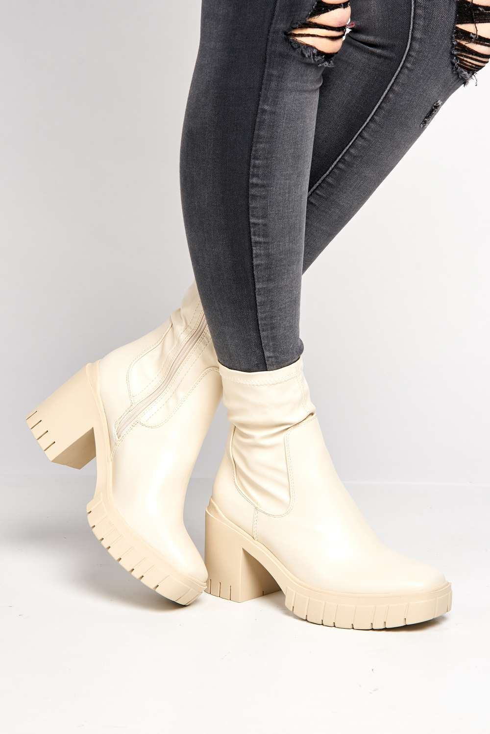 Edna Faux Leather Chunky Block Heel Ankle Boots in Beige - Image 2
