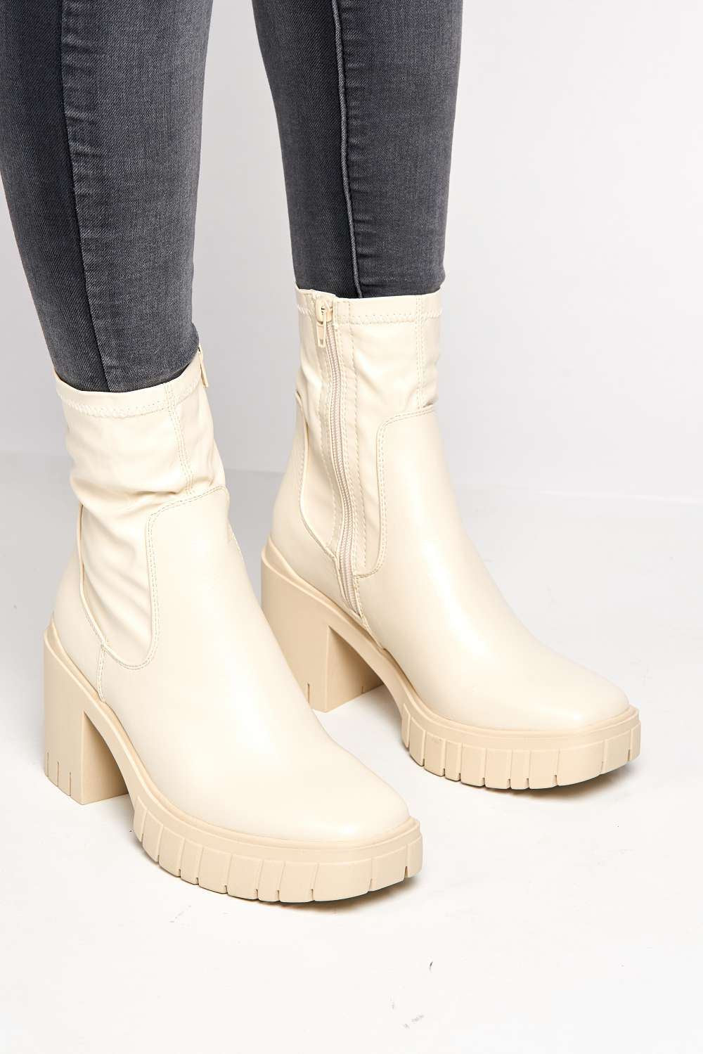 Edna Faux Leather Chunky Block Heel Ankle Boots in Beige - Image 3