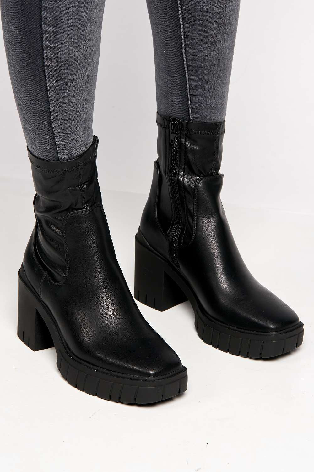 Edna Faux Leather Chunky Block Heel Ankle Boots in Black - Image 2