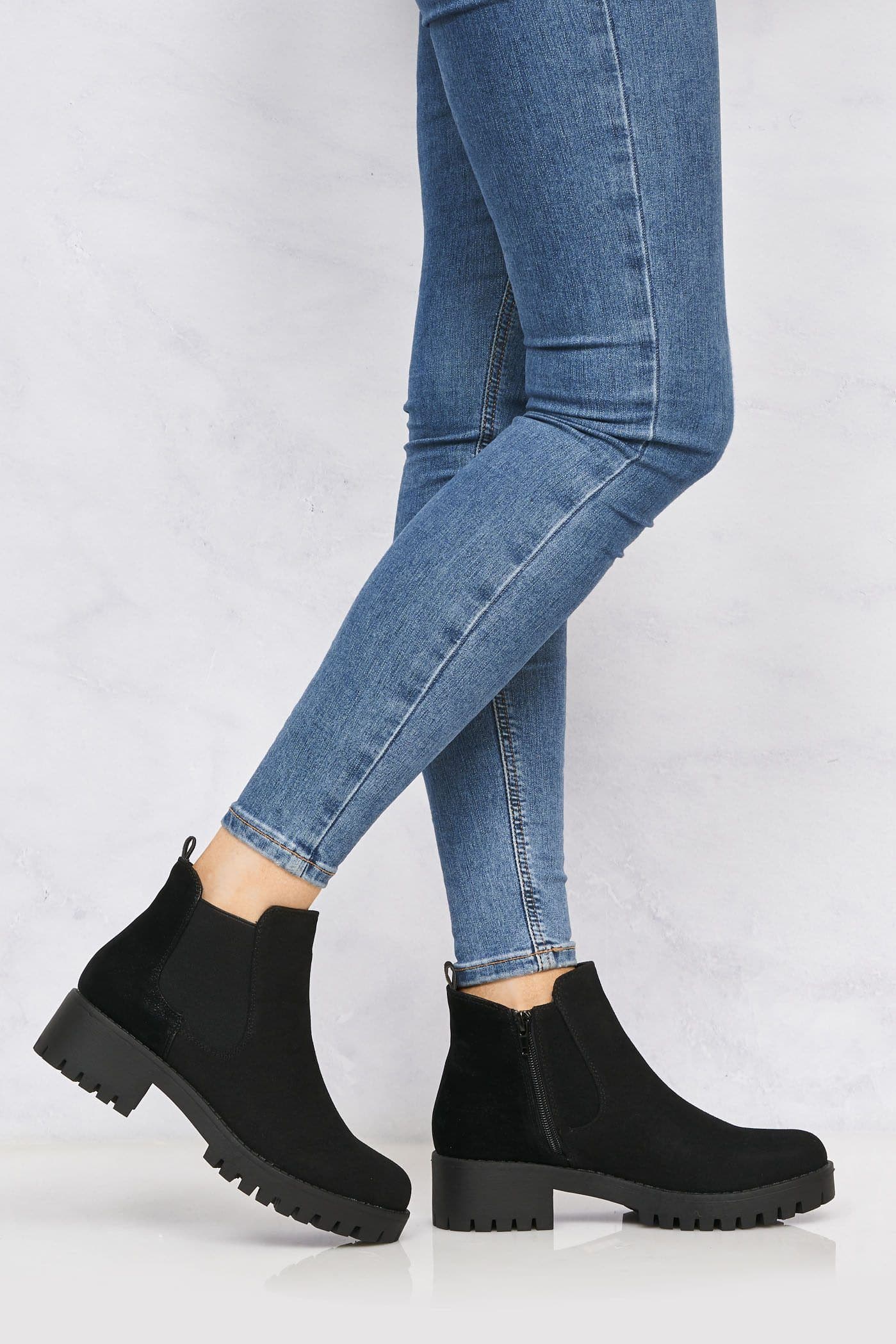 Solo Elastic Cleated Sole Ankle Boot in Black Suede