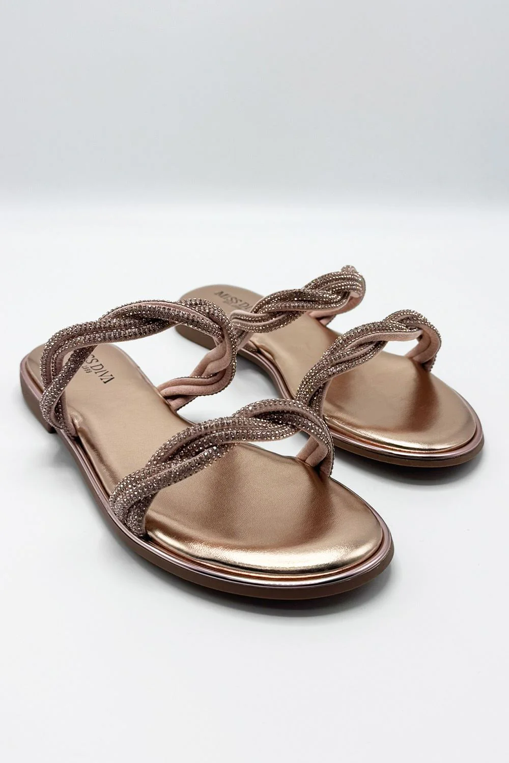 Eldoria Diamante Plaited 2 Strap Sliders in Rose Gold - Image 4