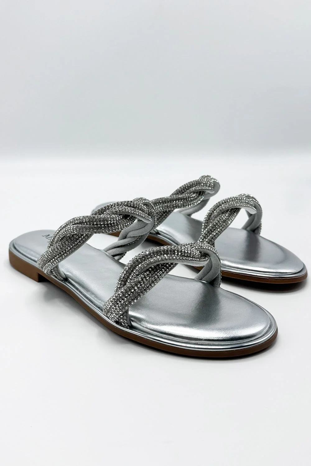 Eldoria Diamante Plaited 2 Strap Sliders in Silver - Image 6