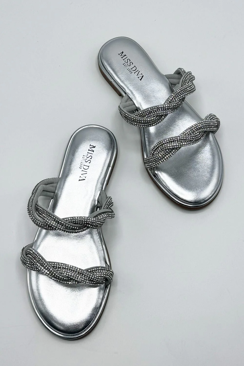 Eldoria Diamante Plaited 2 Strap Sliders in Silver - Image 7