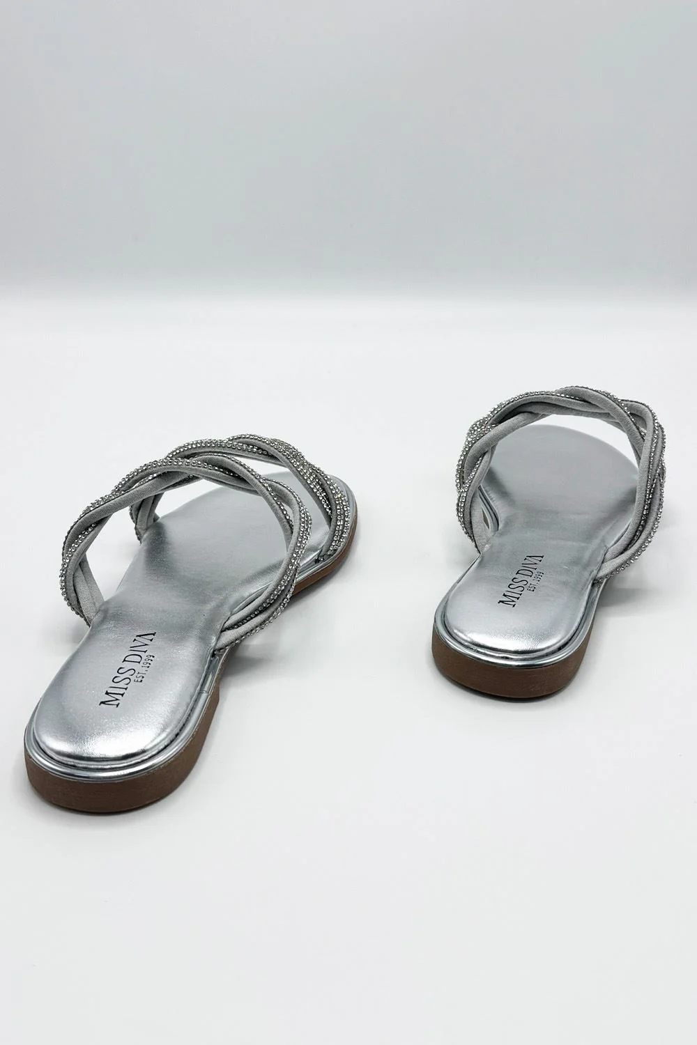 Eldoria Diamante Plaited 2 Strap Sliders in Silver - Image 8