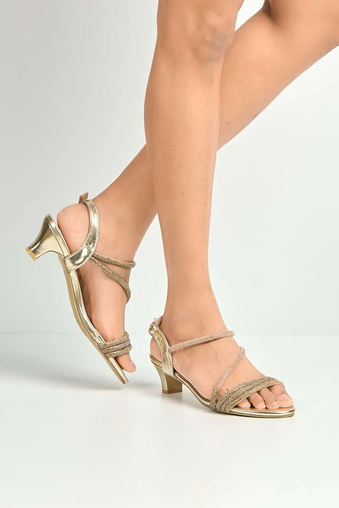 Elena 3 Diamante Embellished Band Low Heel Strappy Sandals in Gold