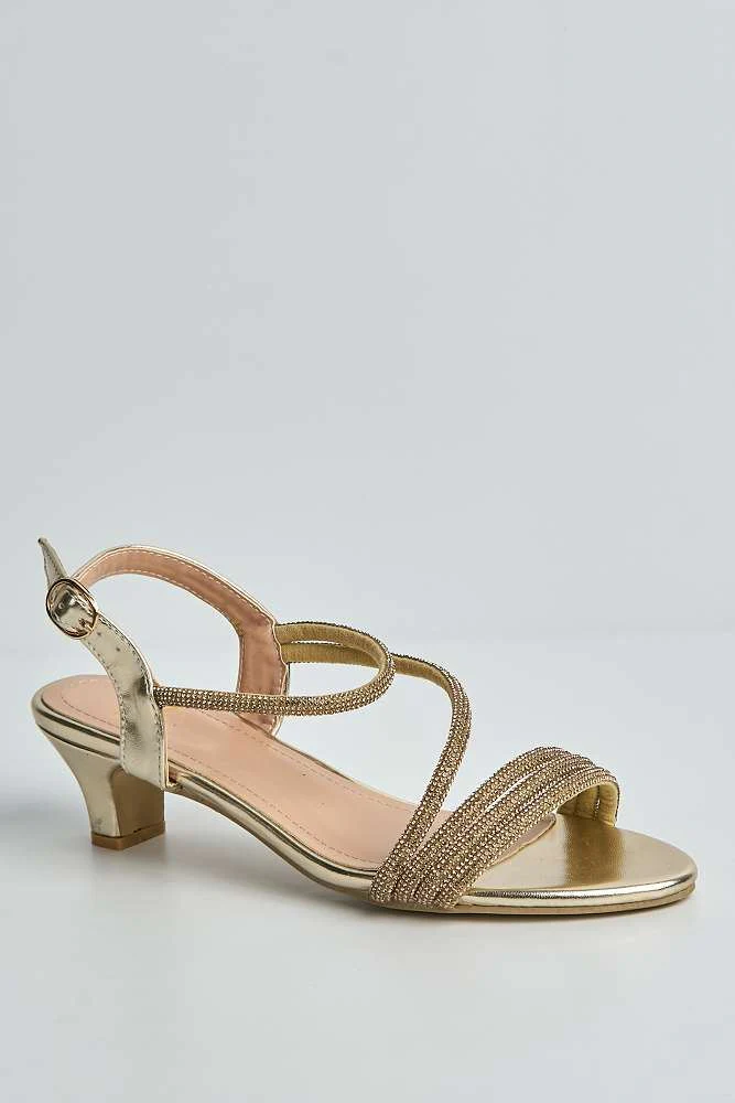 Elena 3 Diamante Embellished Band Low Heel Strappy Sandals in Gold - Image 4