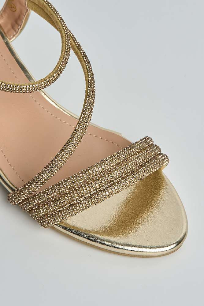 Elena 3 Diamante Embellished Band Low Heel Strappy Sandals in Gold - Image 5