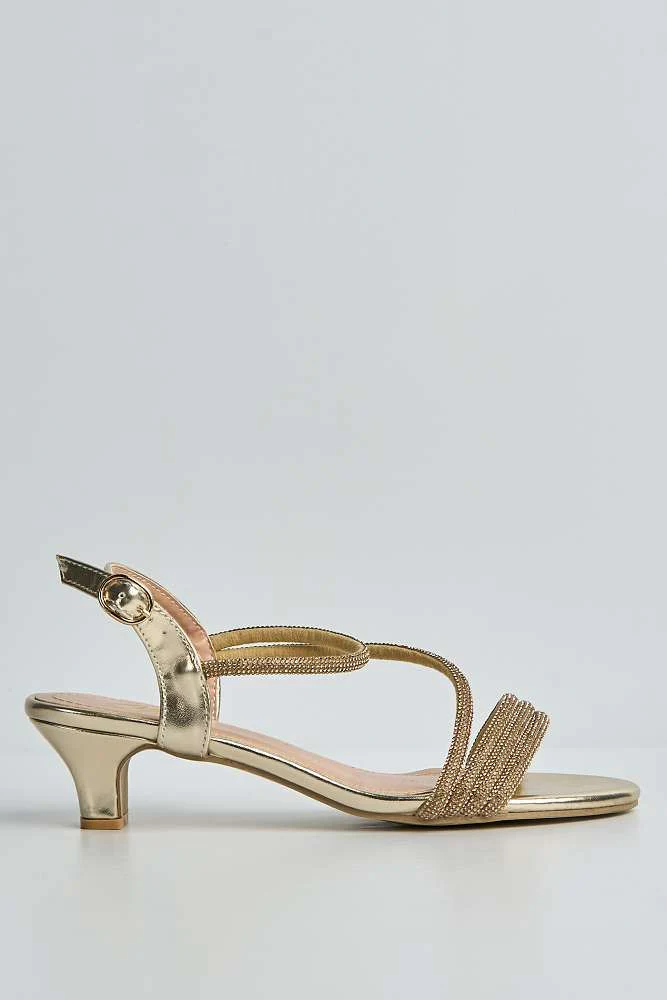 Elena 3 Diamante Embellished Band Low Heel Strappy Sandals in Gold - Image 6