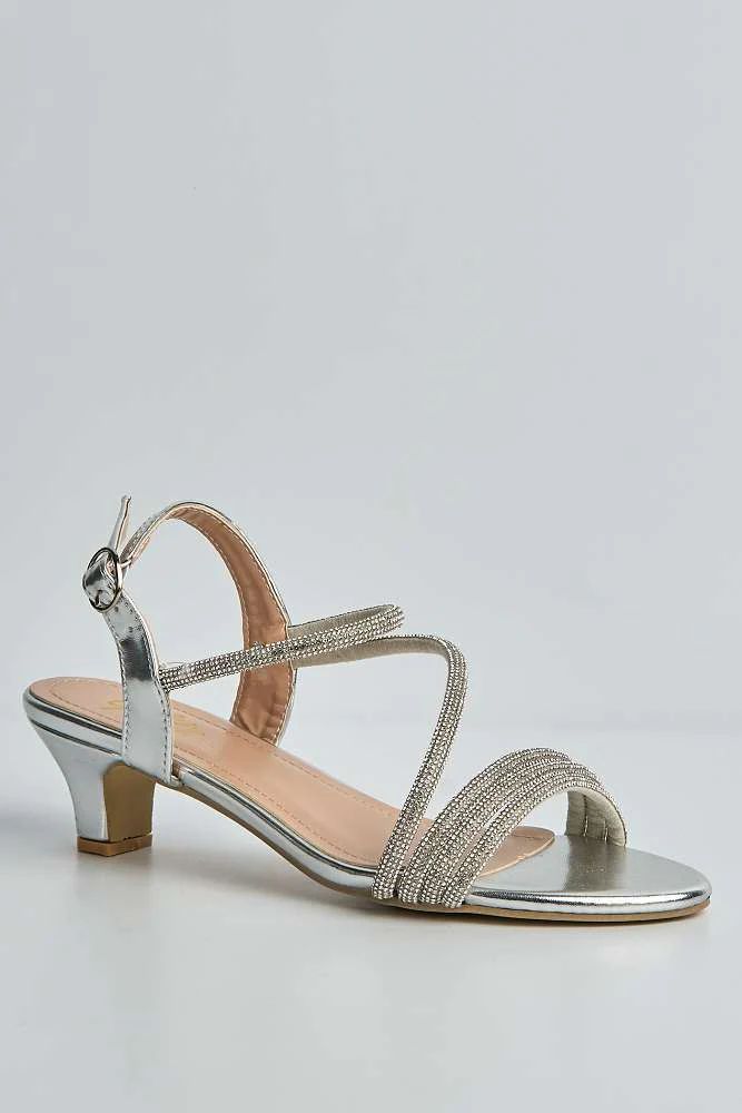 Elena 3 Diamante Embellished Band Low Heel Strappy Sandals in Silver - Image 4