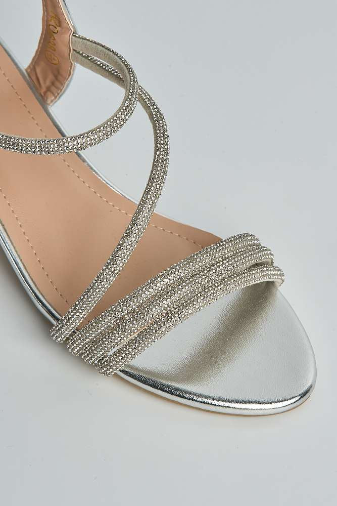 Elena 3 Diamante Embellished Band Low Heel Strappy Sandals in Silver - Image 5