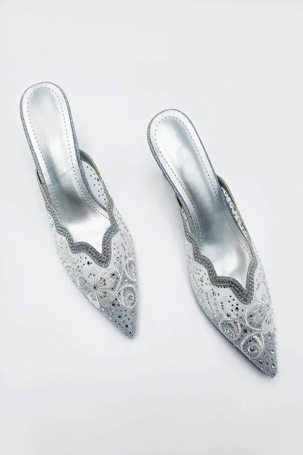 Elia Flower & Diamante Pointed Slip On Mules in Silver - Image 4