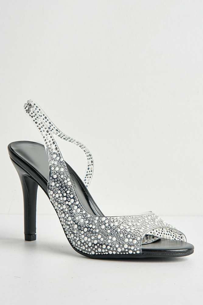 Eliana Diamante & Pearl Encrusted Slingback Heeled Sandals in Black - Image 4