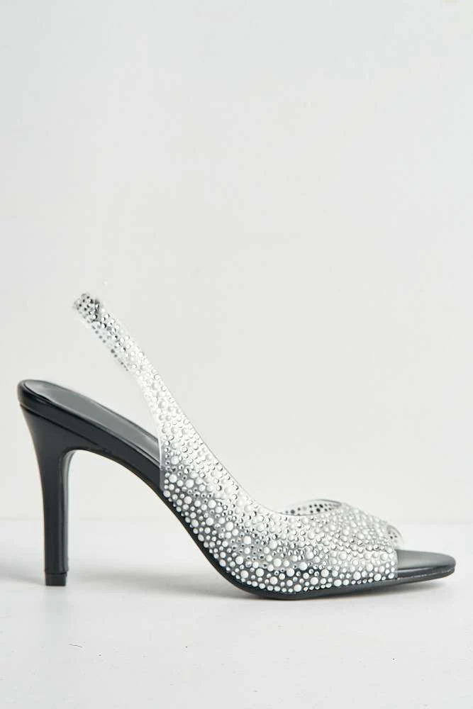 Eliana Diamante & Pearl Encrusted Slingback Heeled Sandals in Black - Image 6