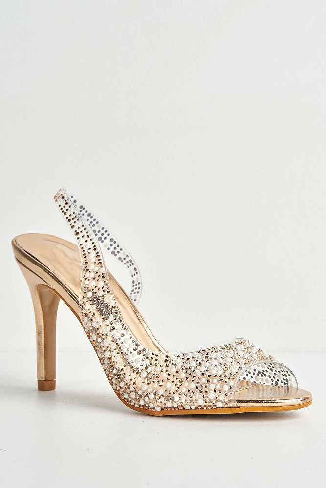 Eliana Diamante & Pearl Encrusted Slingback Heeled Sandals in Champagne - Image 4