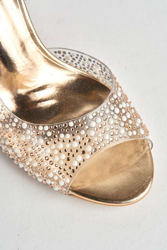 Eliana Diamante & Pearl Encrusted Slingback Heeled Sandals in Champagne - Image 5