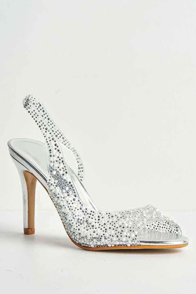 Eliana Diamante & Pearl Encrusted Slingback Heeled Sandals in Silver - Image 4