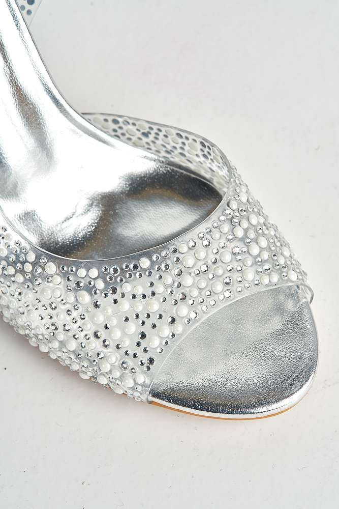 Eliana Diamante & Pearl Encrusted Slingback Heeled Sandals in Silver - Image 5