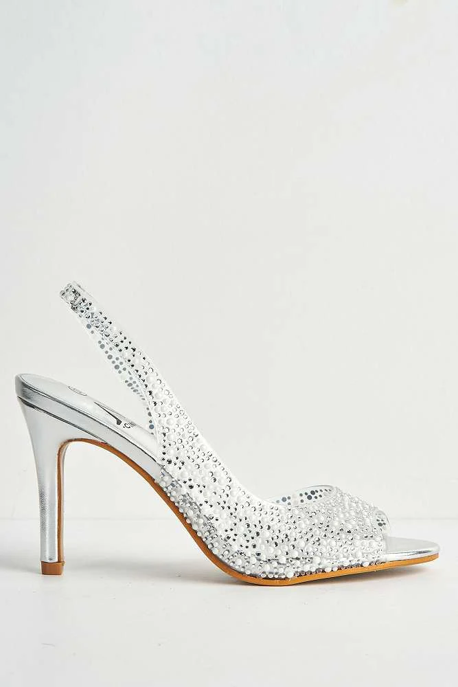 Eliana Diamante & Pearl Encrusted Slingback Heeled Sandals in Silver - Image 6