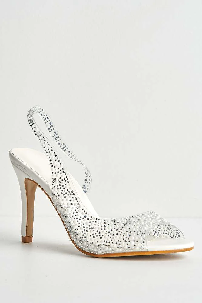 Eliana Diamante & Pearl Encrusted Slingback Heeled Sandals in White - Image 4