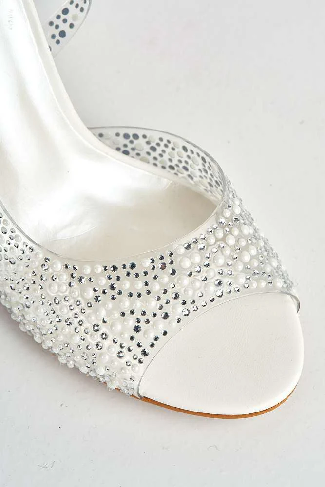 Eliana Diamante & Pearl Encrusted Slingback Heeled Sandals in White - Image 5