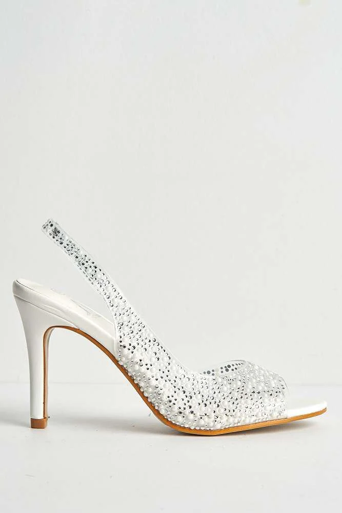 Eliana Diamante & Pearl Encrusted Slingback Heeled Sandals in White - Image 6
