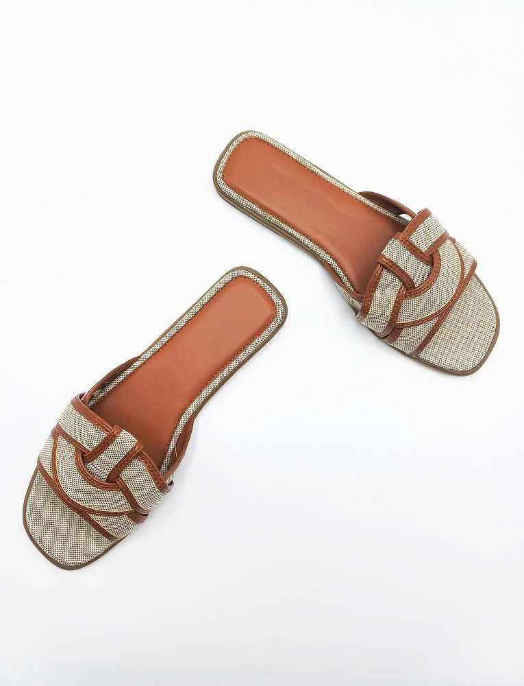 Elida Criss Cross Strap Sliders in Tan - Image 2