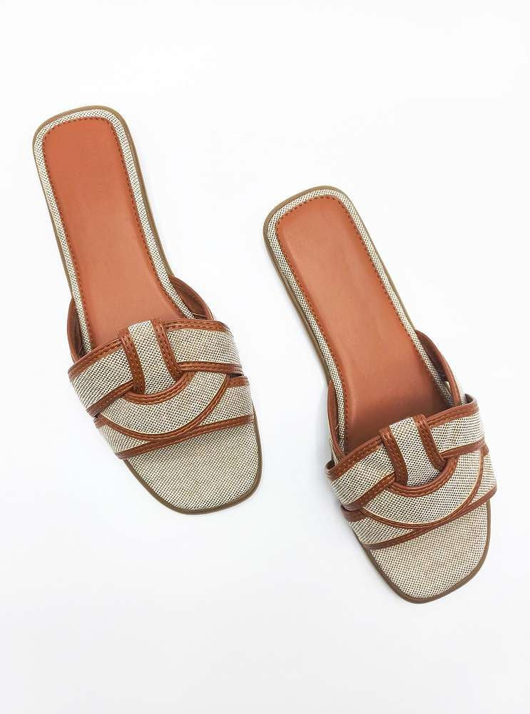 Elida Criss Cross Strap Sliders in Tan - Image 3