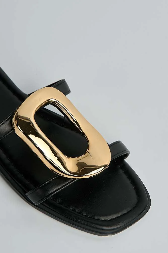 Elikai Gold Detail Brooch Flat Sliders in Black - Image 5