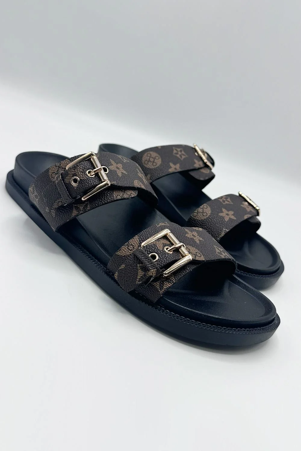 Elise 2 Band Gold Buckle Flat Slider in Chocolate - Image 2