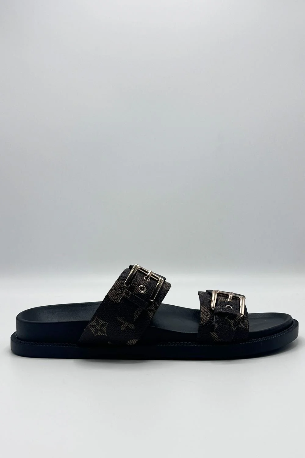 Elise 2 Band Gold Buckle Flat Slider in Chocolate - Image 4