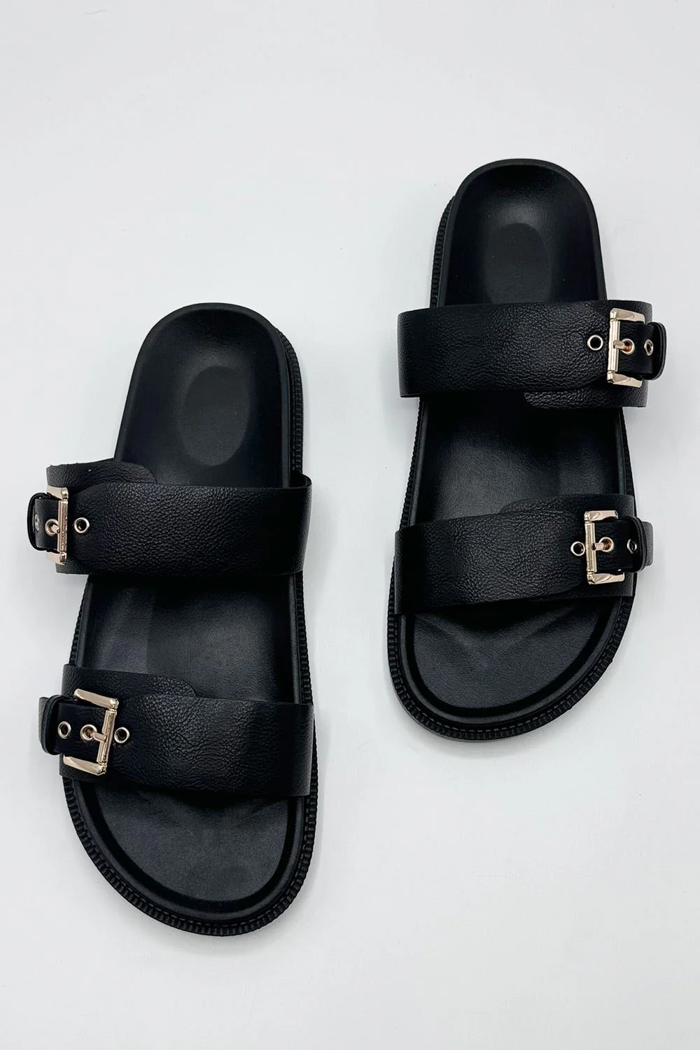 Elise 2 Band Gold Buckle Flat Slider in Black - Image 2