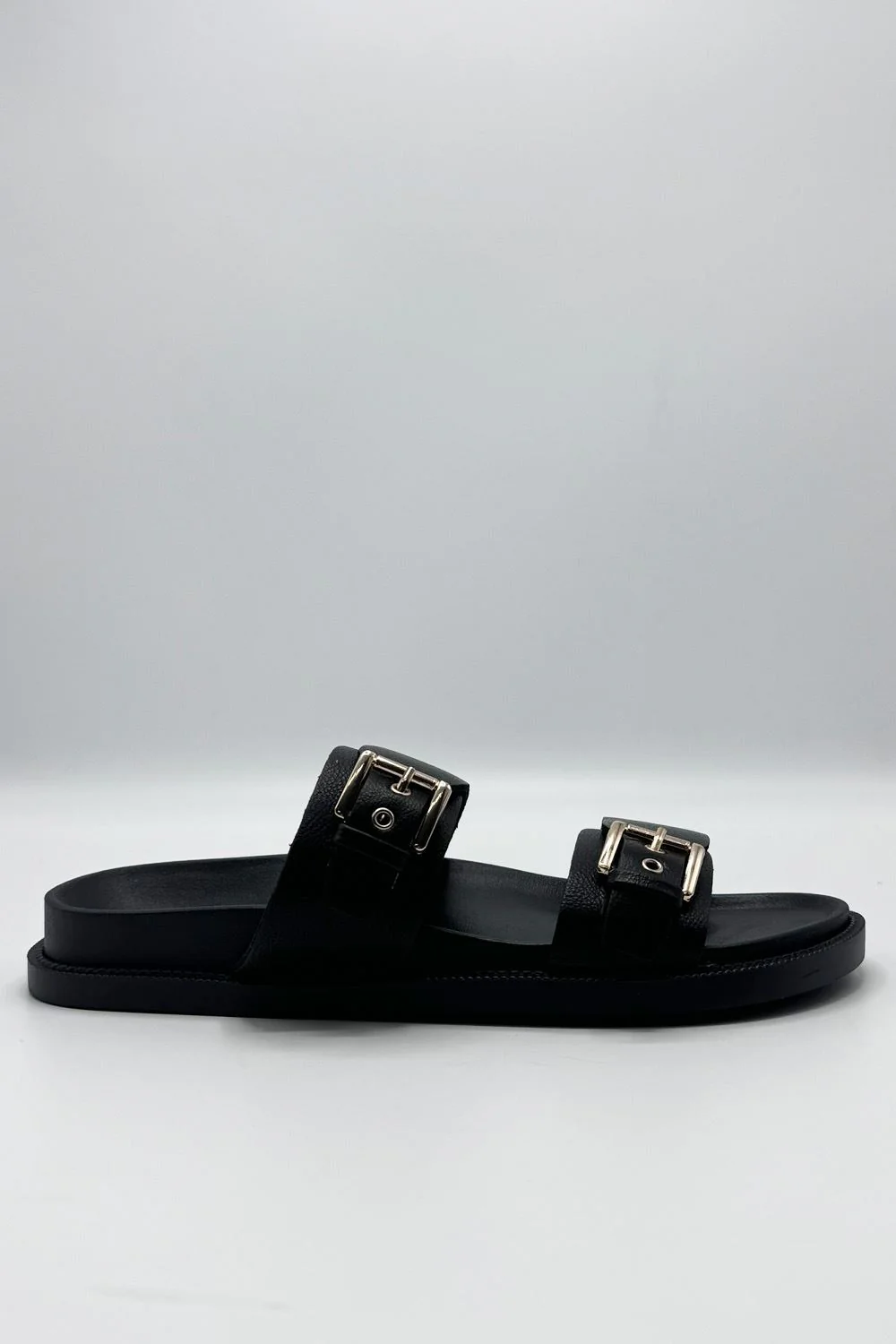 Elise 2 Band Gold Buckle Flat Slider in Black - Image 4