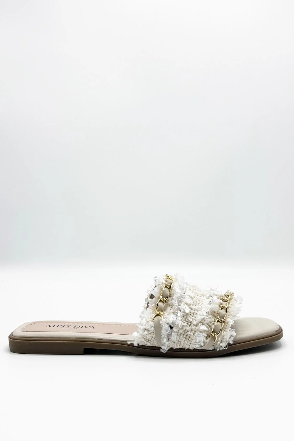 Eloise Tassel Chain Strap Sliders in Beige - Image 2